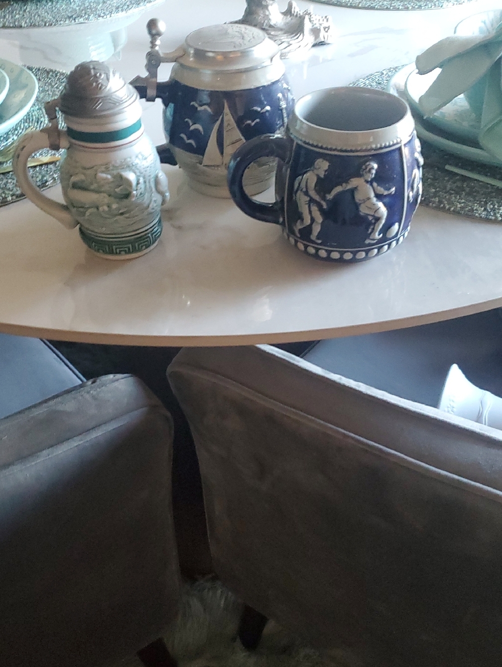 3x Classic Blue Ceramic Beer Stein Mug with Relief Design - Home Dining